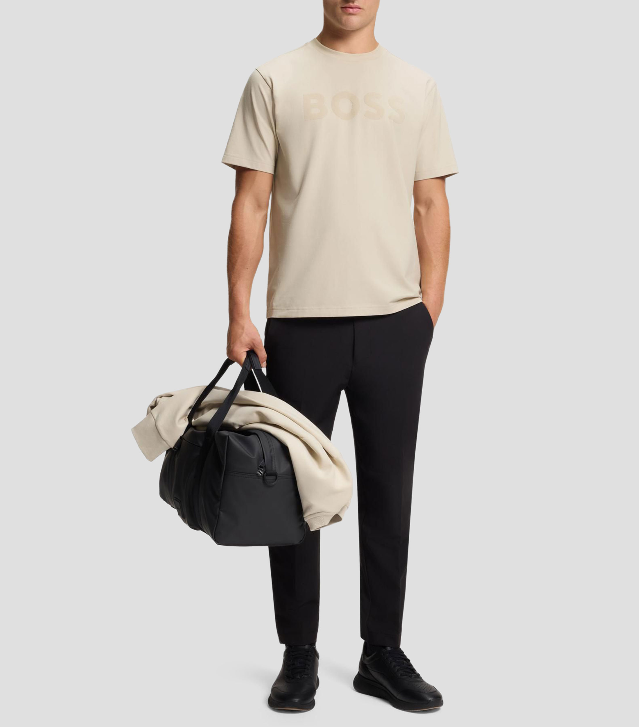 Playera BOSS relaxed fit de algodón elástico con logo tonal Hombre